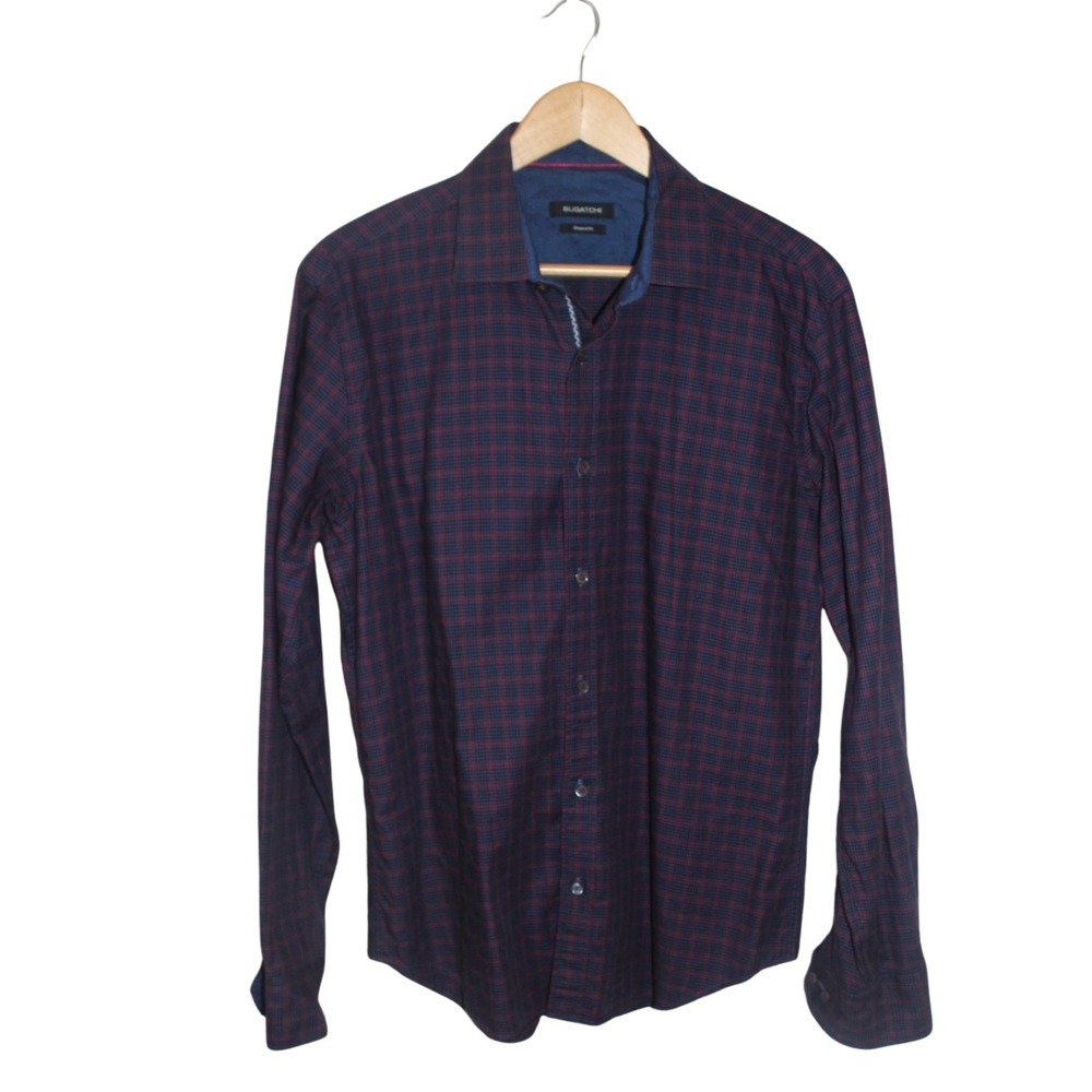 Bugatchi Button Down Flip Cuff Plaid Size Large 100% Cotton